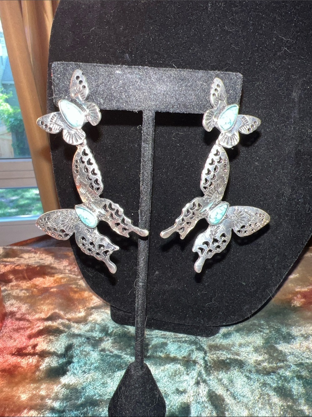 Silver Butterfly Dangle Clip On Earrings with Turquoise Accent